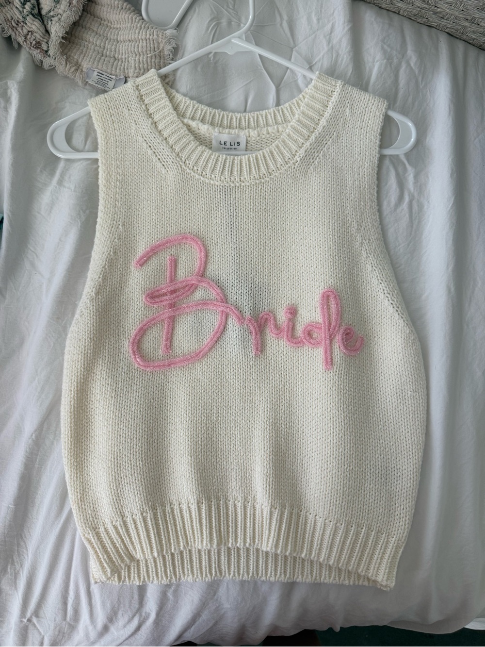 Le Lis Cream Knit Vest with Pink 'Bride' Script